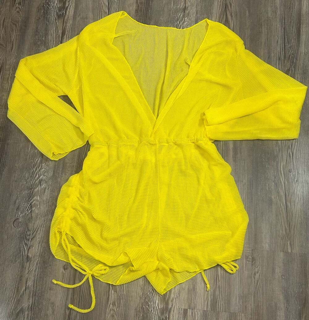 Neon Yellow Mesh Deep V-Neck Drawstring Side Beach Cover-Up Romper